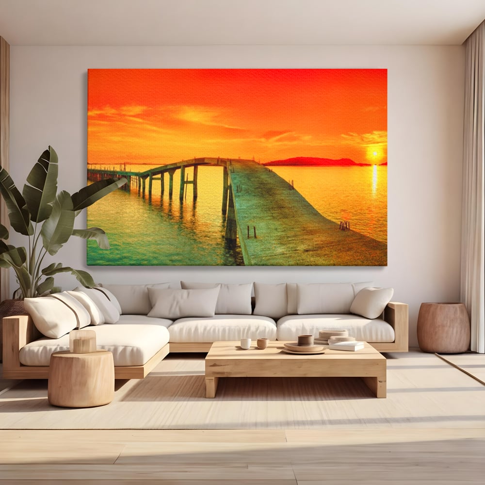 Tablou canvas cu tablou canvas cu pod si rasarit de soare, fara rama, pe sasiu de lemn, pe perete intr-un living